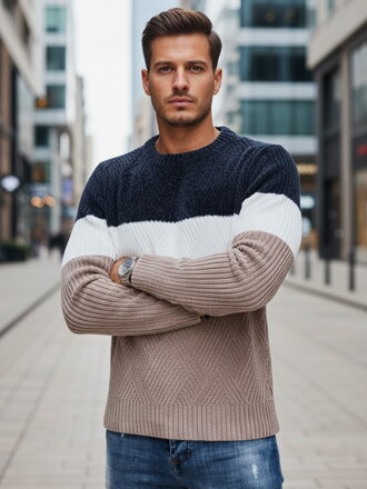 Pánsky sveter s okrúhlym výstrihom WX2321 granatovo-béžový