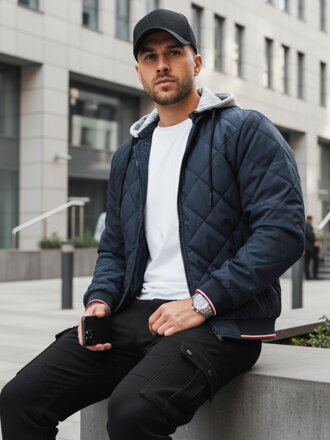 Pánska prechodná prešívaná bunda s kapucňou, modrá Dstreet TX5012