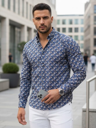 Košeľa pánska tmavomodrá so vzormi a dlhým rukávom Dstreet DX2666