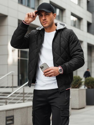 Pánska prechodná prešívaná bunda s kapucňou, čierna Dstreet TX5010