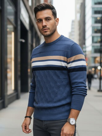 Pánsky modrý sveter s pásikmi WX2336