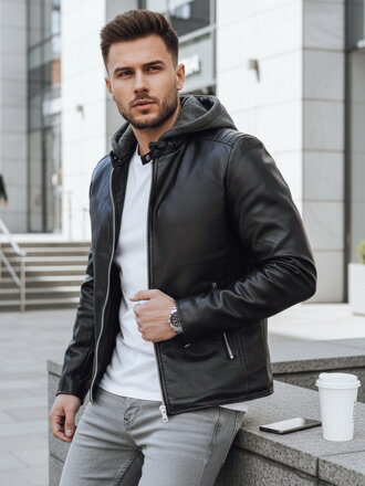 Čierna pánska koženka s kapucňou