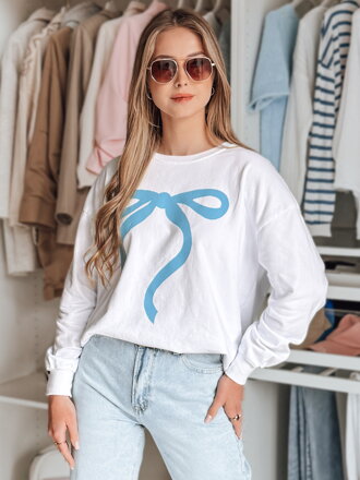 Dámska mikina SOFTTIE – biela, oversize s potlačou mašle BY1376