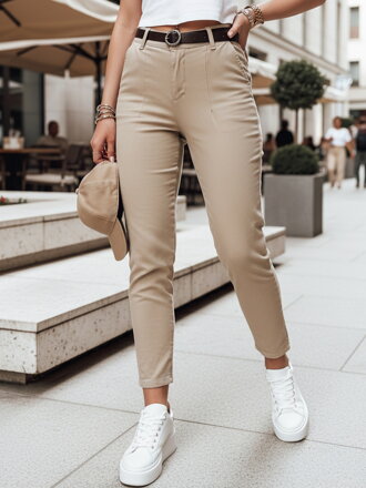 Dámske nohavice slim fit s opaskom TAIRONIK tmavobéžové UY2545