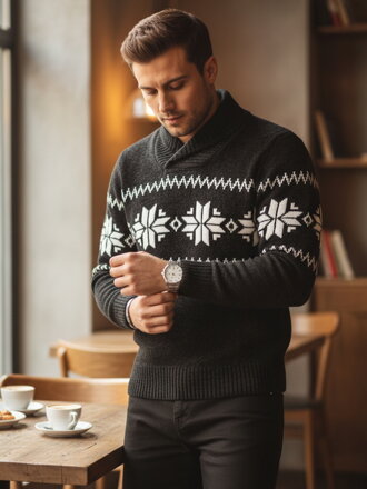 Pánsky čierny sveter so snehovými vločkami Dstreet WX2268