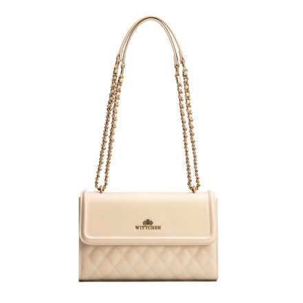 Dámska kabelka cez rameno z pravej kože s béžovým prešívaním 100-4E-205-9