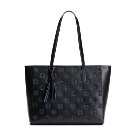 Dámska shopperka z kože so vzorom (sygnatúrou) čierno-zlatá 100-4E-611-1G