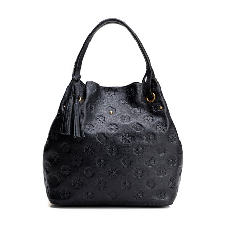Dámska kabelka typu vak z kože s monogramom čierno-zlatá 100-4E-632-1G