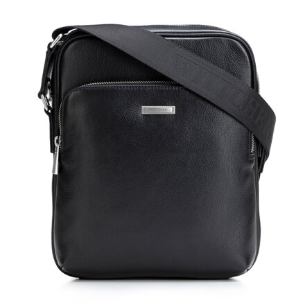 Pánska kožená taška cez rameno s doplnkovým vreckom čierno-strieborná 102-4U-603-1S