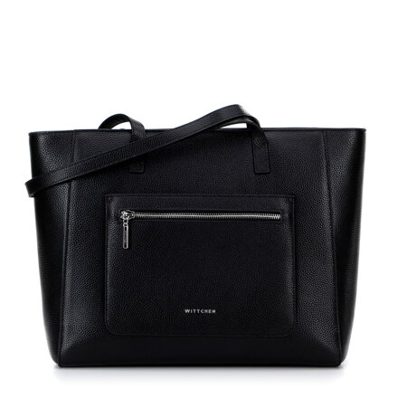 Kožená taška shopper s vreckami na prednej strane čierna so strieborným logom 100-4E-620-1S