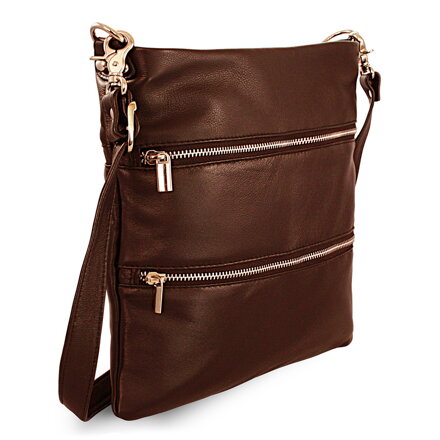 Tmavo hnedá kožená zipsová kabelka s popruhom 212-3066-47
