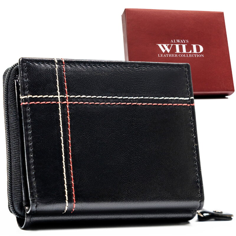 Skórzany portfel męski w czarnym kolorze z systemem RFID zamykany na zatrzask i suwak - Always Wild