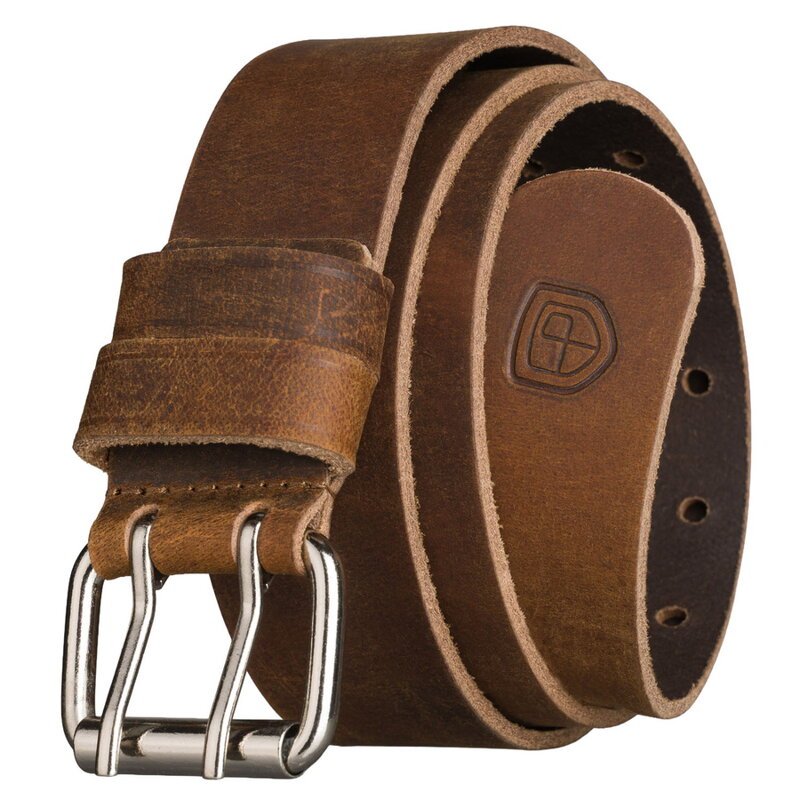 Skórzany, szeroki pasek męski w jasnobrązowym kolorze z klasyczną, podwójną klamrą - Peterson