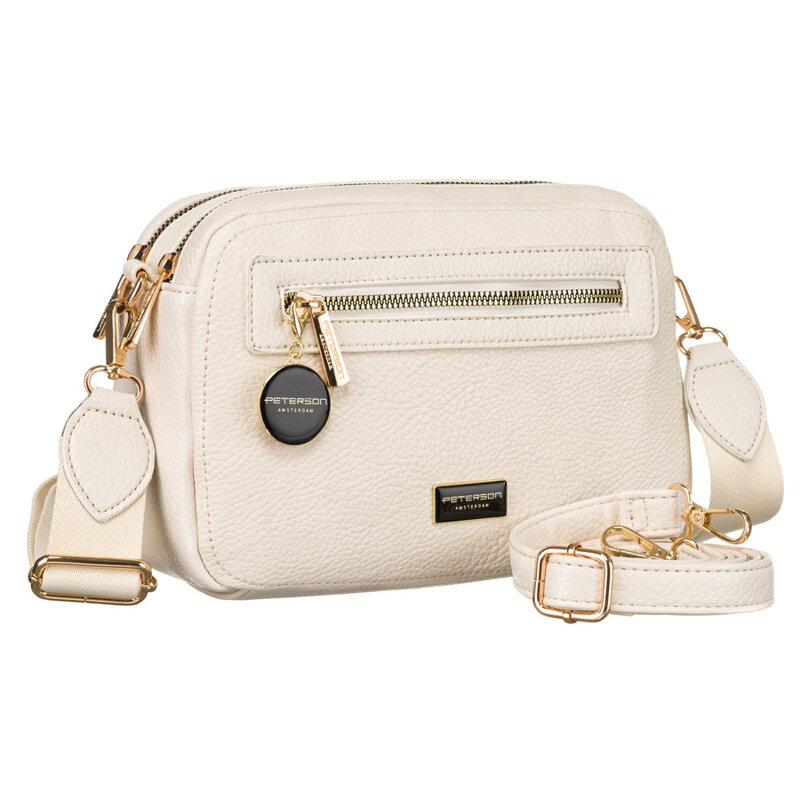 Malá béžová dámska crossbody taška z ekologickej kože so zlatými detailmi, dvomi popruhmi a príveskom – Peterson Malá béžová dámska crossbody taška z ekologickej kože so zlatými detailmi, dvomi popruhmi a príveskom – Peterson
