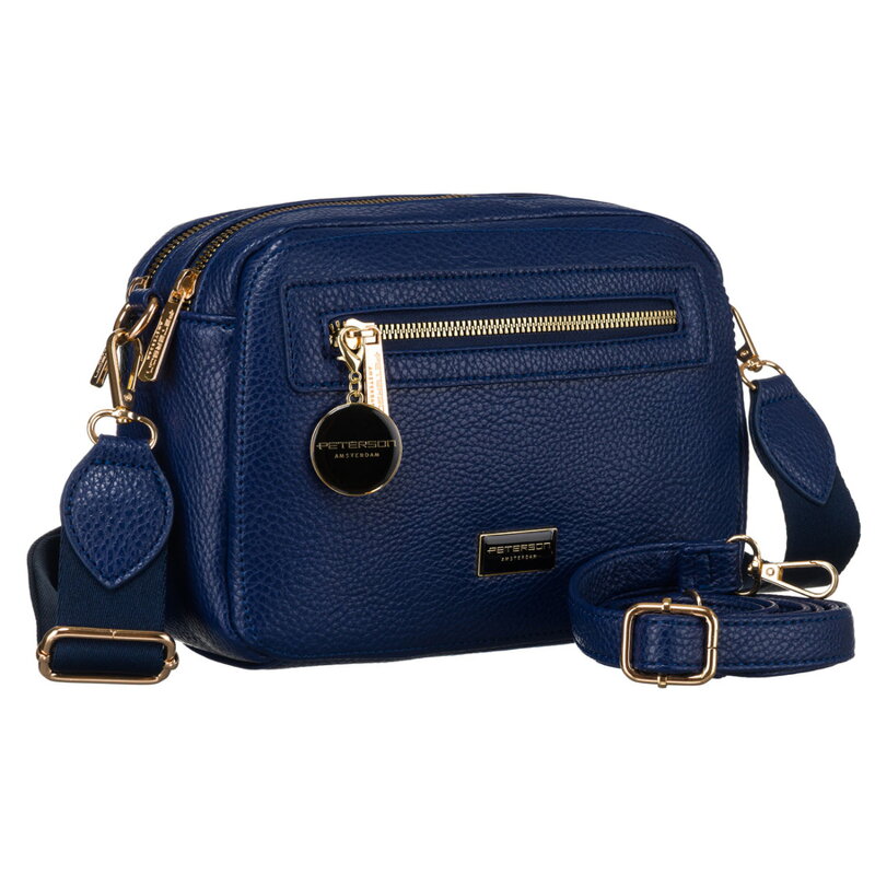 Tmavomodrá dámska crossbody taška z eko kože so zlatými detailmi a dvomi popruhmi – Peterson Tmavomodrá dámska crossbody taška z eko kože so zlatými detailmi a dvomi popruhmi – Peterson