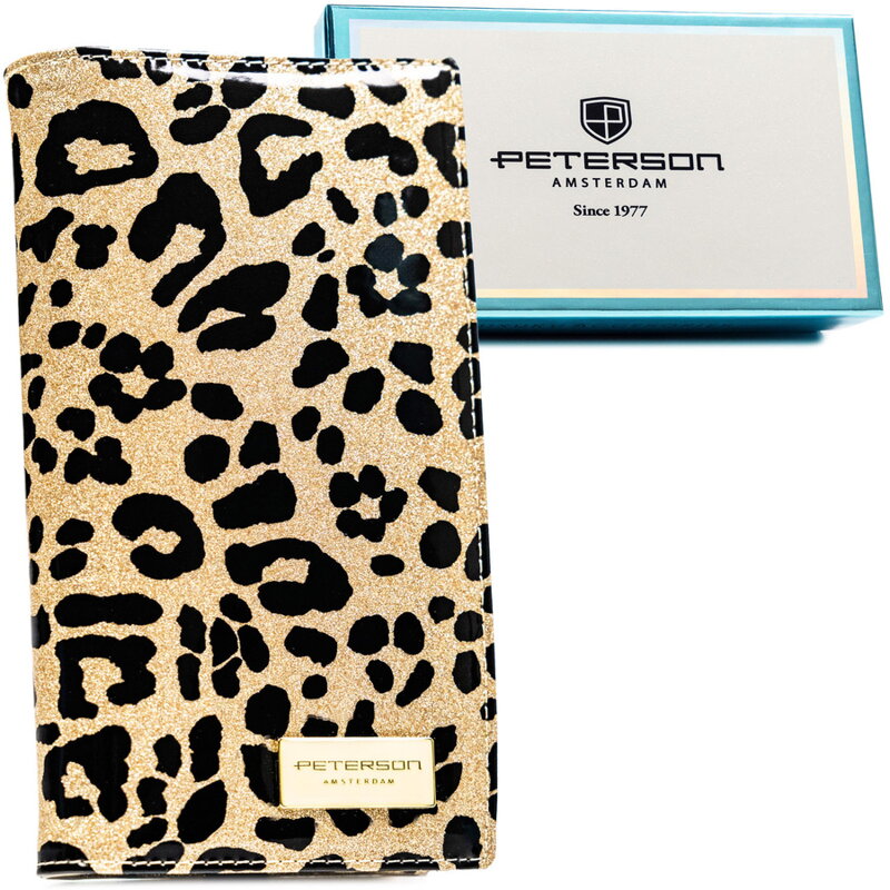 Duży, złoty, pionowy portfel damski ze skóry ekologicznej i naturalnej w cętki zamykany magnesem - Peterson