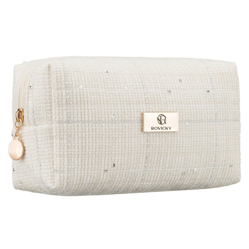 Pojemna kosmetyczka damska wykonana z materiału syntetycznego w beżowym kolorze, zamykana suwakiem - Rovicky