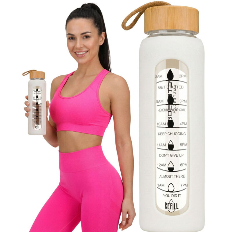 Motivačná sklenená fľaša na vodu 960 ml béžová so silikónovým obalom Peterson