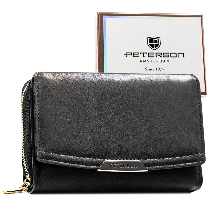 Czarny portfel damski ze skóry ekologicznej zamykany na zatrzask i suwak - Peterson