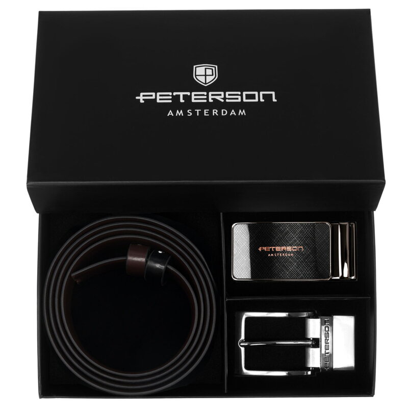 Zestaw prezentowy: dwustronny pasek skórzany w brązowym i czarnym kolorze z dwoma wymiennymi klamrami - Peterson