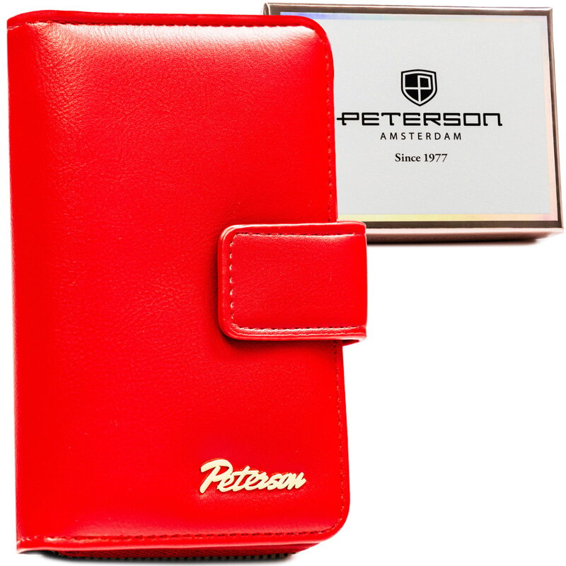 Czerwony, pionowy portfel damski ze skóry ekologicznej, mieszczący dowód rejestracyjny - Peterson