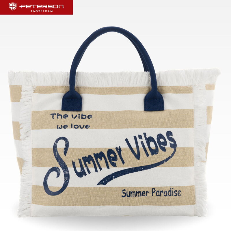 Torba plażowa duża na suwak biało - beżowa shopper bag - Peterson