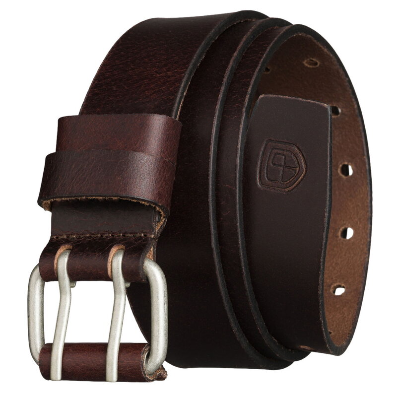 Pasek męski ze skóry naturalnej w ciemnobrązowym kolorze z klasyczną, srebrną klamrą - Peterson
