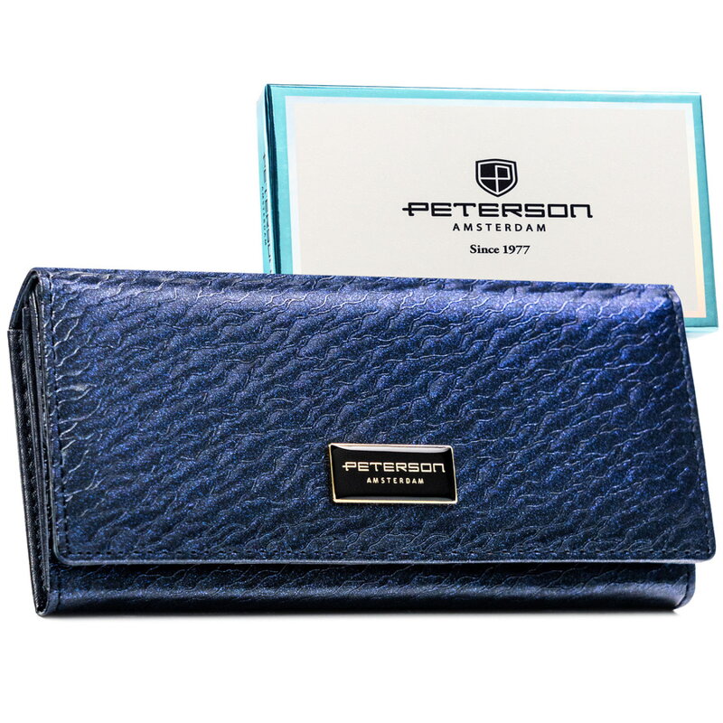 Portfel damski w niebieskim kolorze zamykany na zatrzask, mieszczący dowód rejestracyjny - Peterson