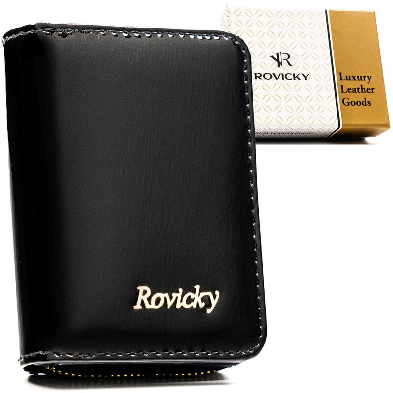 Mały portfel damski ze skóry naturalnej w czarnym kolorze, wyposażony w system RFID - Rovicky