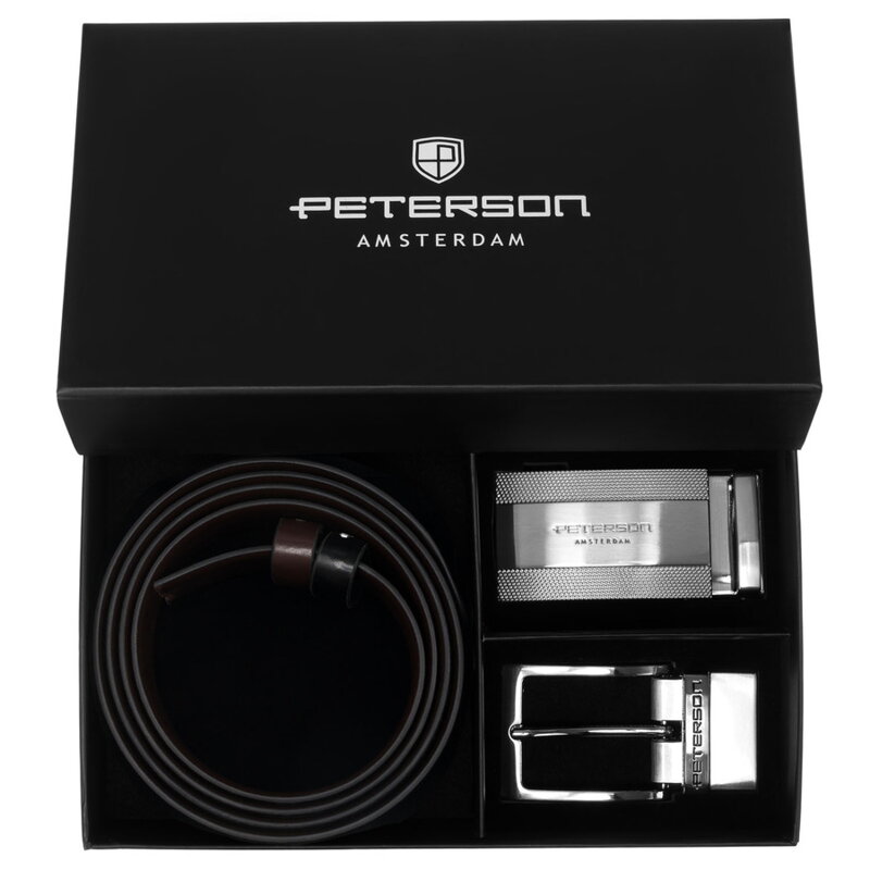Zestaw prezentowy: dwustronny pasek skórzany w brązowym i czarnym kolorze - Peterson