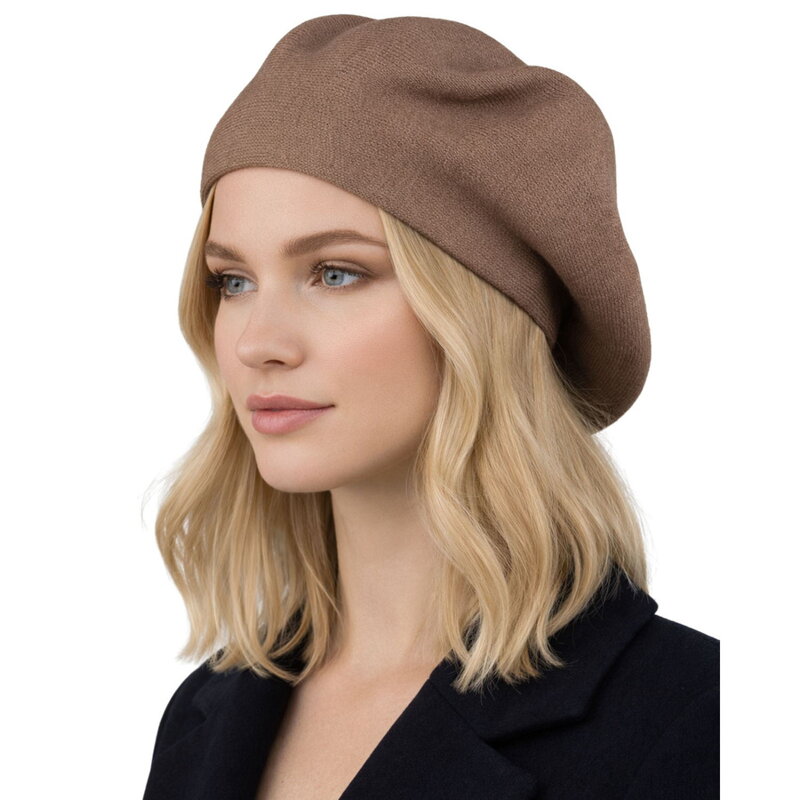 Uniwersalny beret damski wykonany z akrylu w ciemnobeżowym kolorze - Peterson