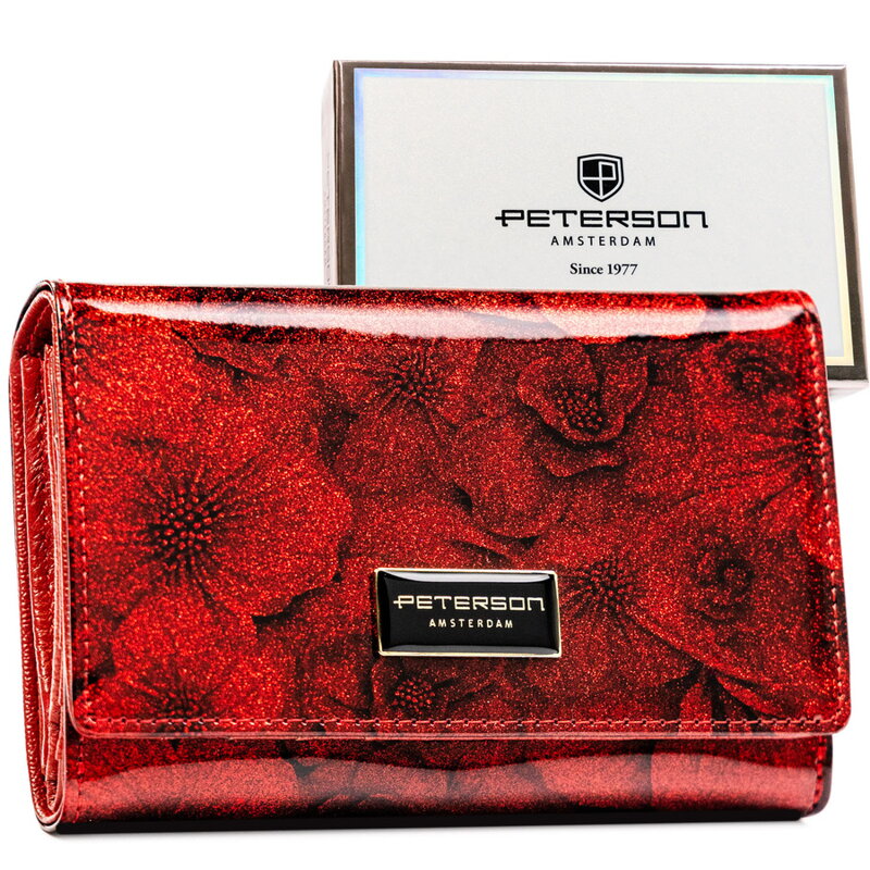 Lakierowany, czerwony portfel damski w kwiaty wykonany ze skóry naturalnej i ekologicznej zamykany na zatrzask - Peterson