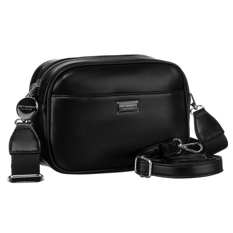 Czarna, klasyczna listonoszka damska crossbody z eko skóry dwa paski w komplecie Peterson Czarna, klasyczna listonoszka damska crossbody z eko skóry dwa paski w komplecie Peterson