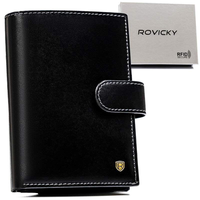 Čierna kožená pánska peňaženka s RFID ochranou a zapínaním – Rovicky