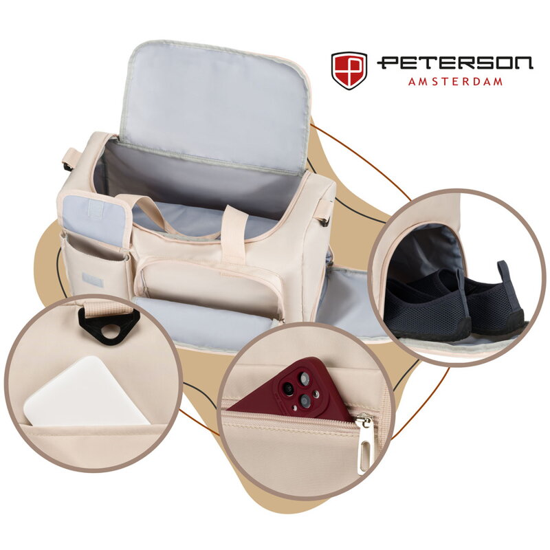 Sportowa torba podróżna z poliestru w beżowym kolorze, dwukomorowa - Peterson Sportowa torba podróżna z poliestru w beżowym kolorze, dwukomorowa - Peterson