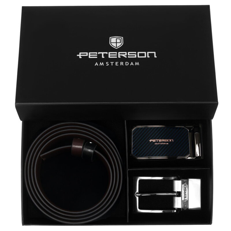 Zestaw prezentowy: dwustronny pasek skórzany w brązowym i czarnym kolorze - Peterson