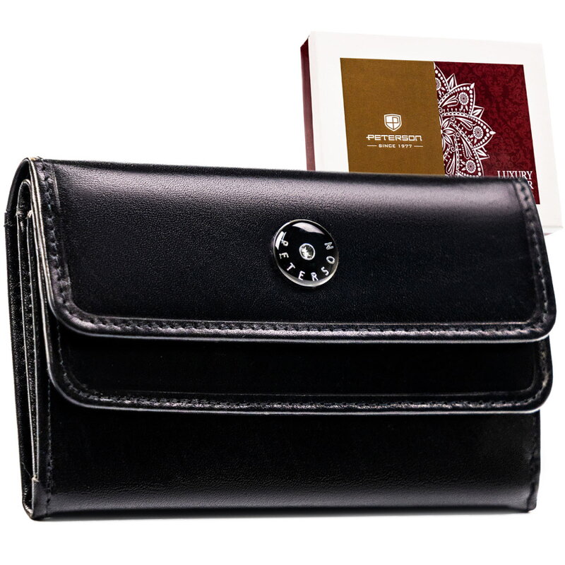 Czarny, skórzany portfel damski na zatrzask - Peterson