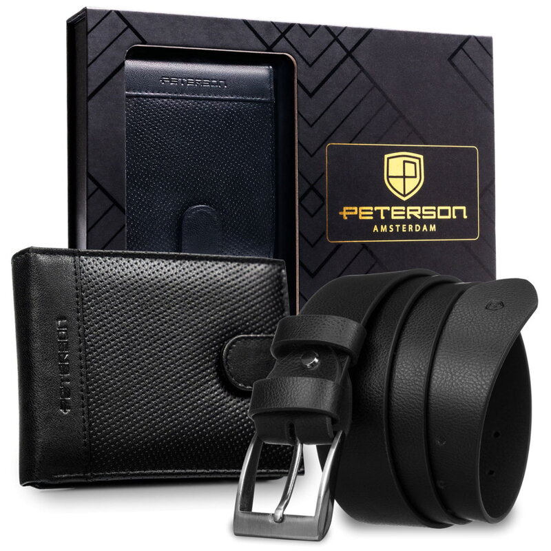 Zestaw prezentowy: skórzany portfel męski w czarnym kolorze zapinany zatrzaskiem i czarny pasek ze skóry ekologicznej - Peterson
