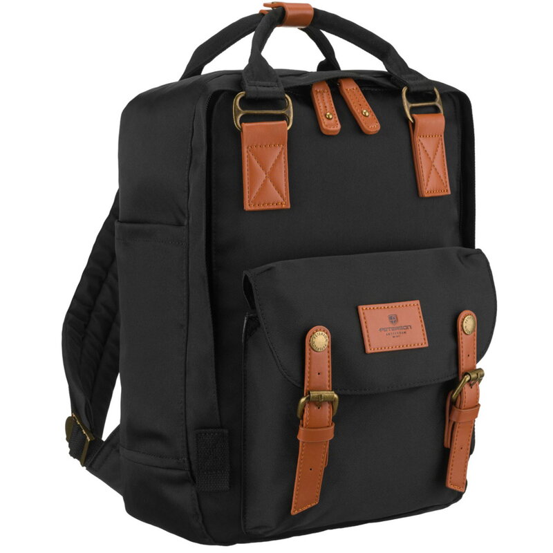 Dámsky veľký čierno-hnedý ruksak z polyesteru a ekologickej kože