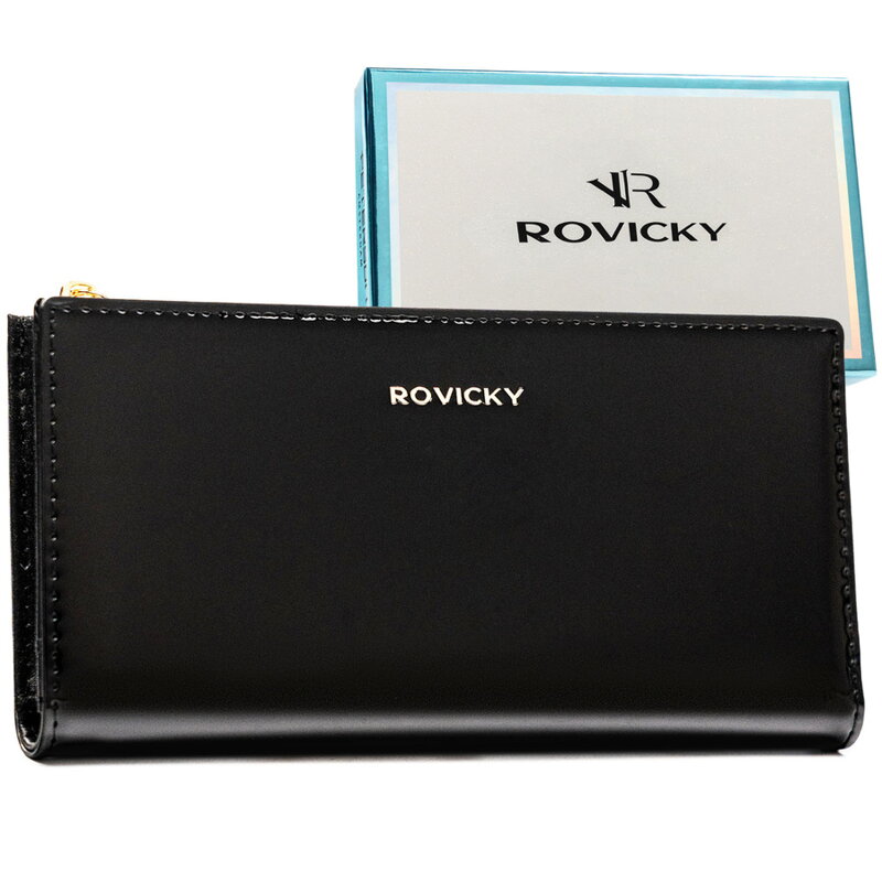 Czarny, duży portfel damski ze skóry ekologicznej zamykany suwakiem i zatrzaskiem - Rovicky