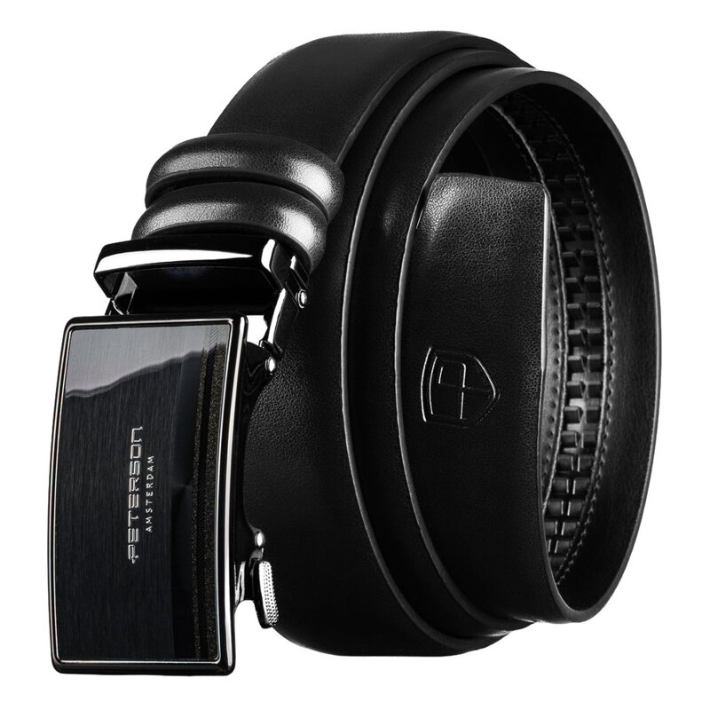 Pánsky kožený 3,5 cm široký opasok v čiernej farbe s automatickou prackou