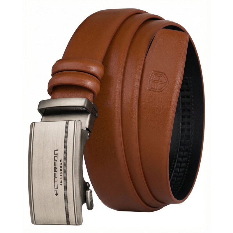 Skórzany pasek męski w jasnobrązowym kolorze z automatyczną klamrą - Peterson