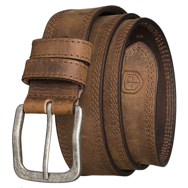 Jasnobrązowy, skórzany pasek męski z klasyczną, srebrną klamrą - Peterson