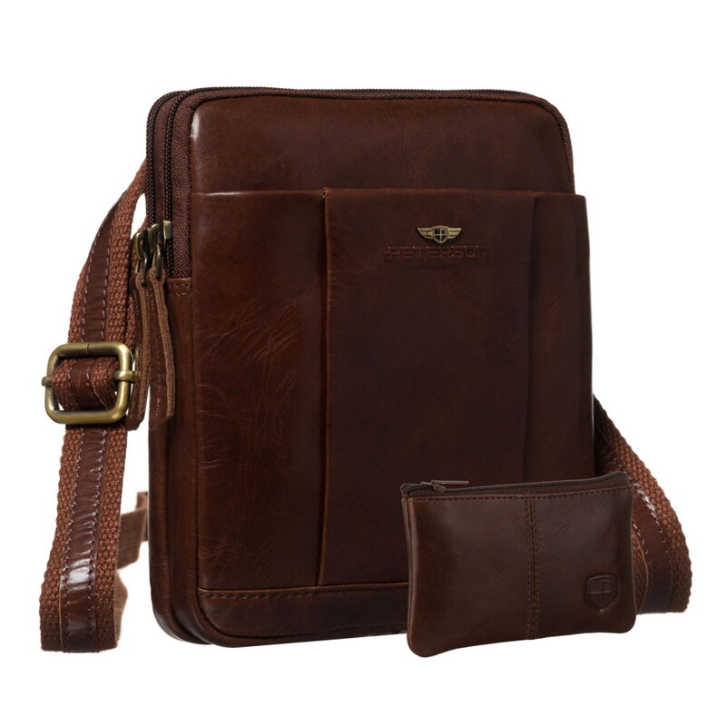 Dvojkomorová pánska hnedá kožená taška cez plece – kompaktná elegancia pre mestský štýl