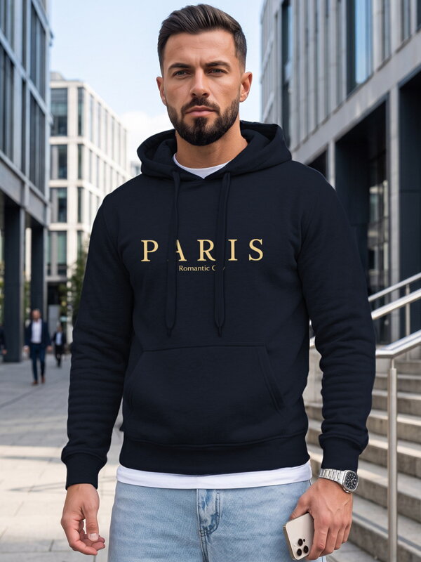 Pánska mikina s nápisom PARIS a kapucňou Dstreet tmavomodrá NX5147BX