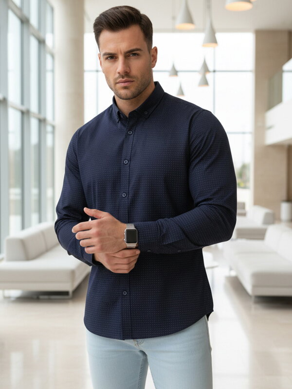 Pánska košeľa slim fit DX2692 – tmavomodrá košeľa so subtílnym mikrovzorom