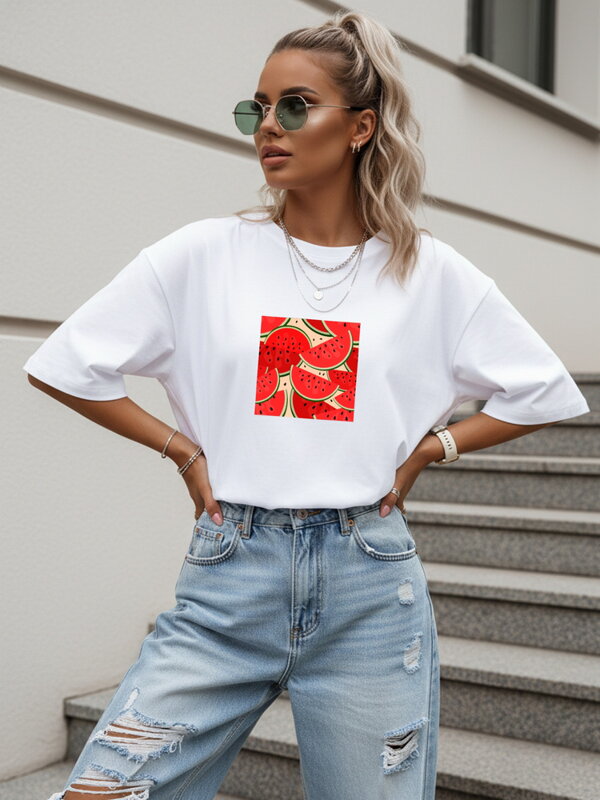 Dámske bavlnené oversize tričko s potlačou vodného melóna biele – Dstreet NX9001RY