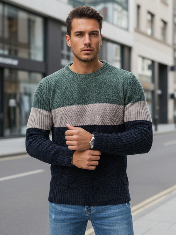 Pánsky sveter s okrúhlym výstrihom WX2319 zeleno-modrý