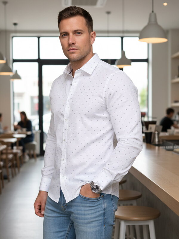 Pánska košeľa slim fit DX2699 – biela košeľa s jemným mikrovzorom