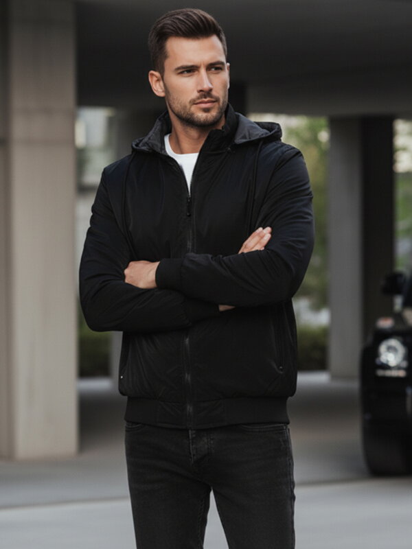 Pánska obojstranná bunda s kapucňou, čierna Dstreet TX4951